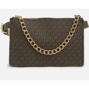 NWT Michael Kors Chocolate Brown Signature Pull Chain Waist Belt Bag Fanny Med